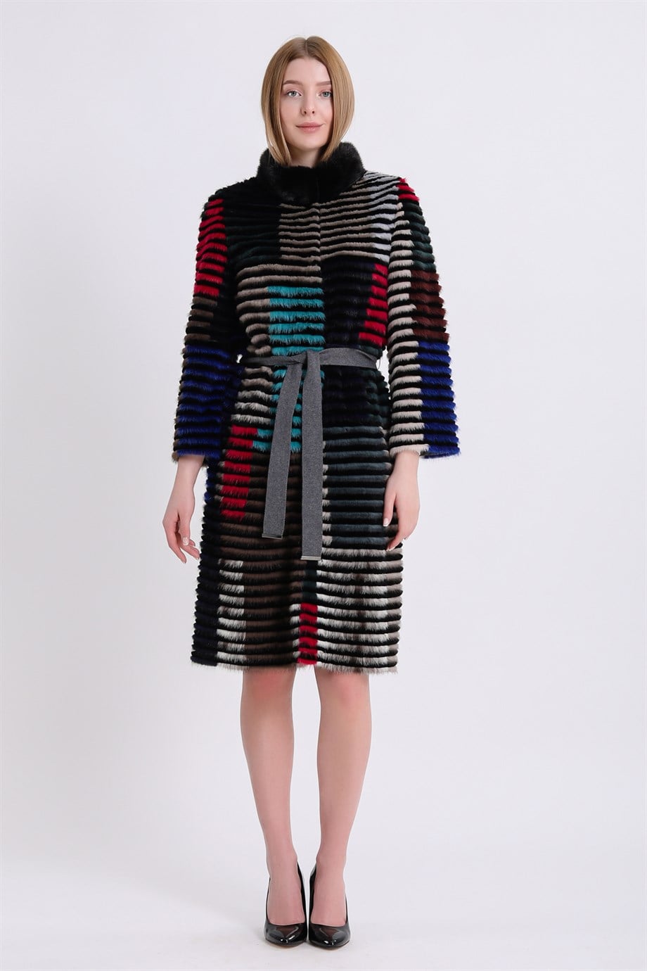 Manteau multicolore avec détails en vison, LC Leather Club