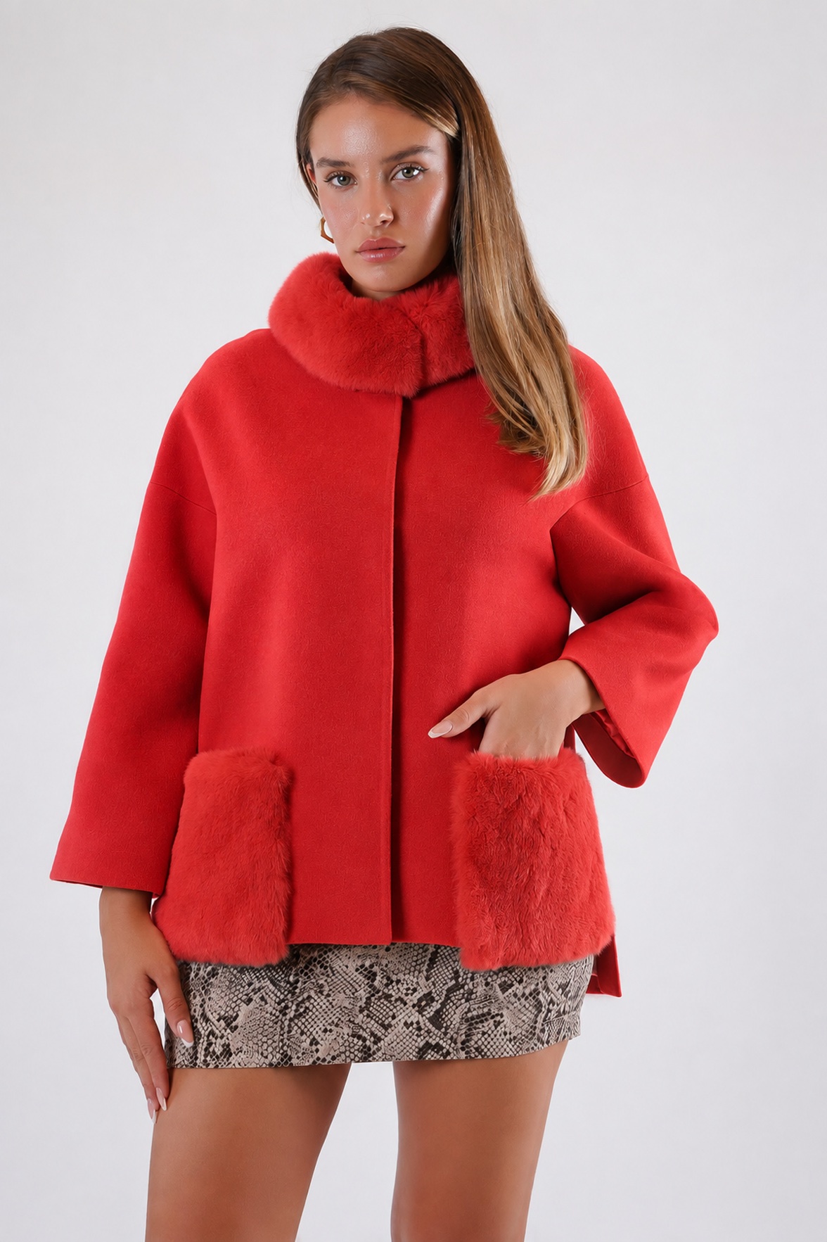 Granaatappel kasjmier mantel met bontafwerking, LC Leather Club