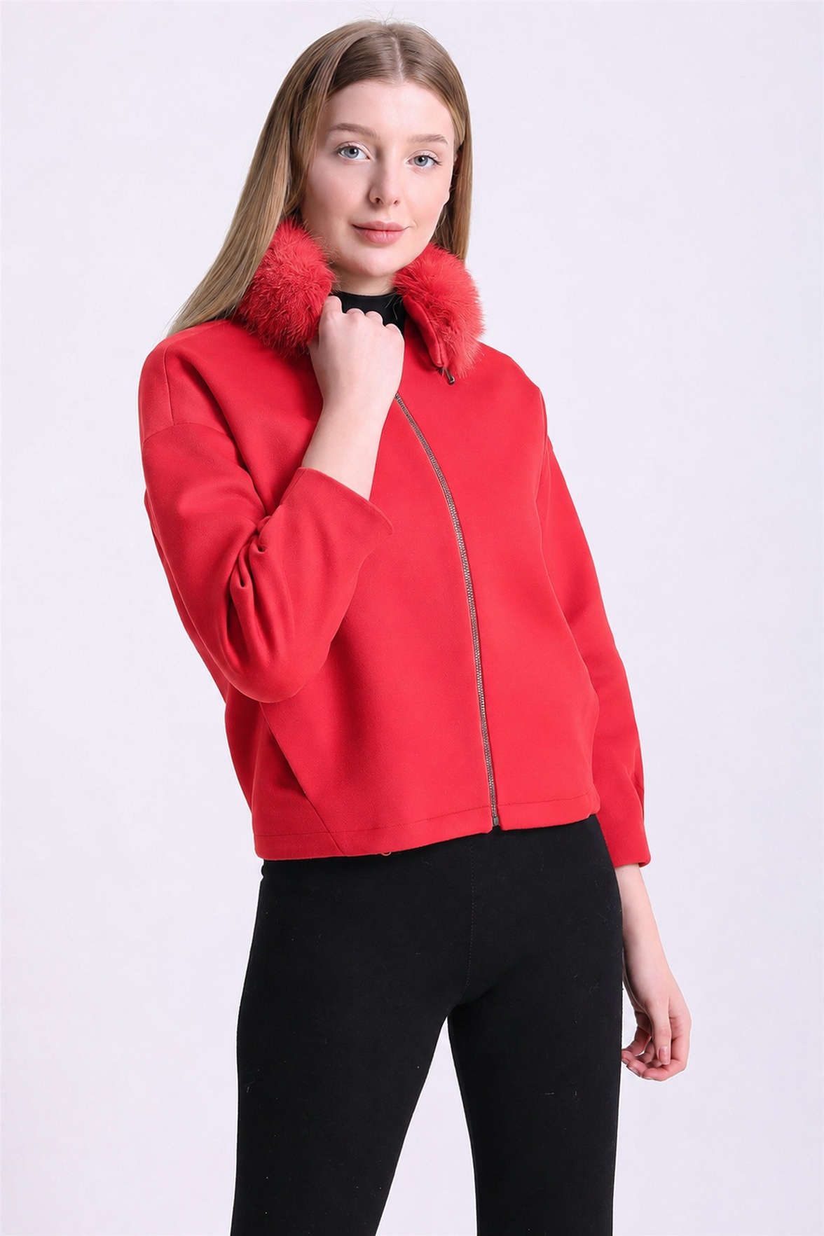Granaatroze kasjmieren jas met vossenbouttrim, LC Leather Club