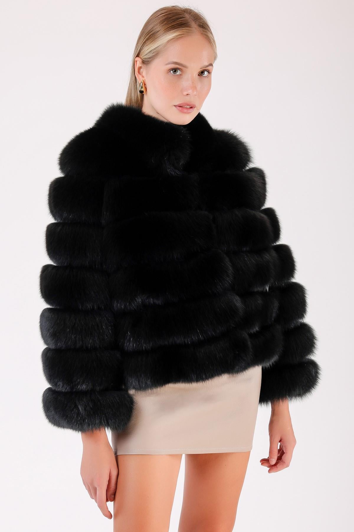 Manteau en fourrure de renard noir naturel, LC Leather Club