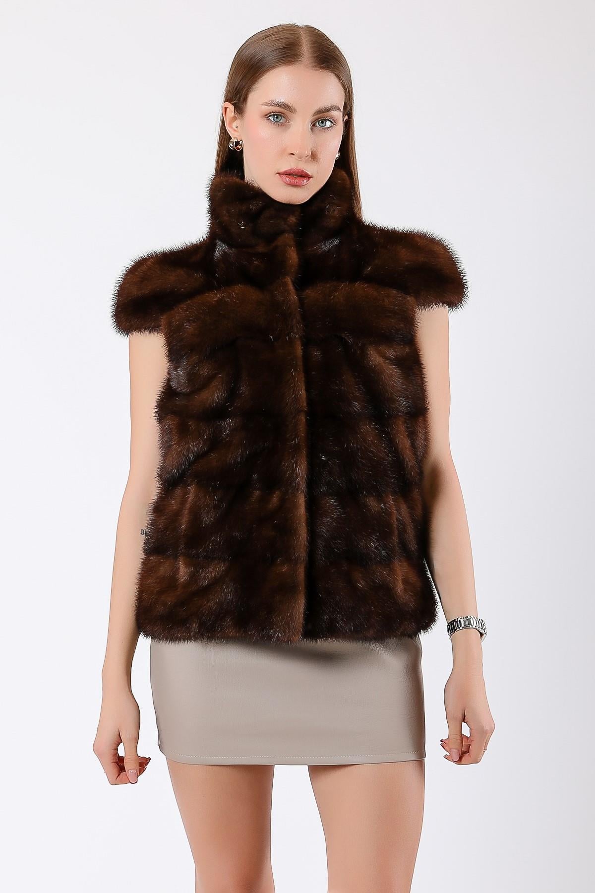 Gilet en fourrure de vison marron naturel, LC Leather Club