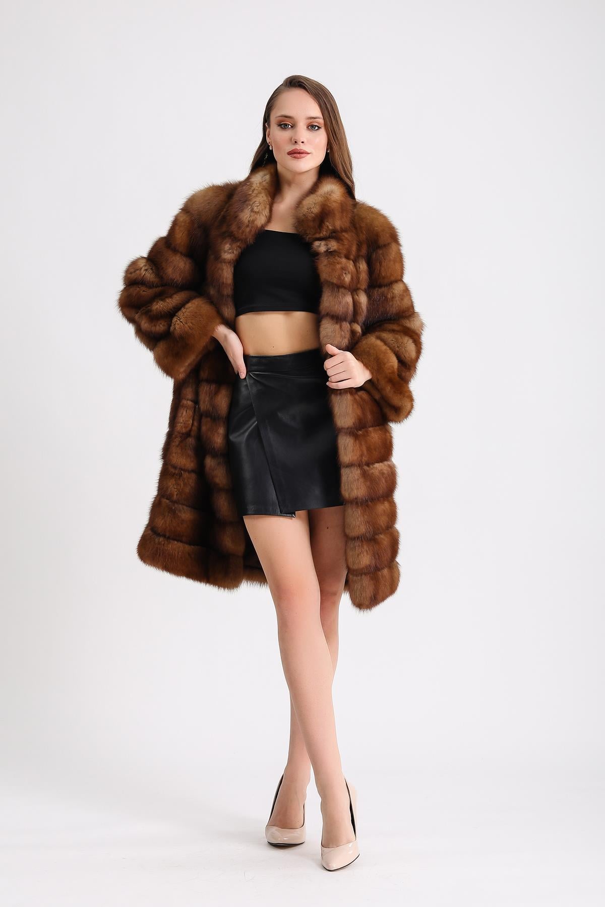 Manteau en fourrure de zibeline naturel brun, LC Leather Club