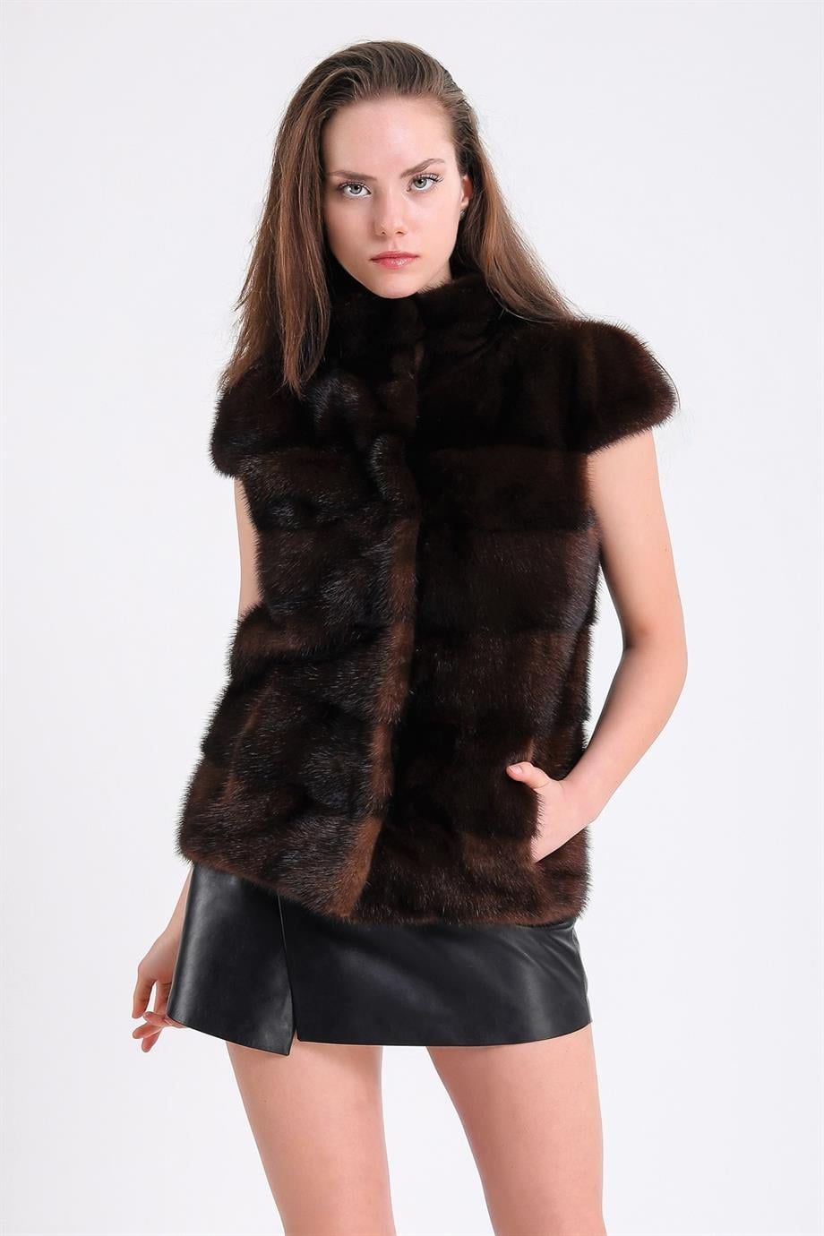 Gilet en fourrure de vison marron naturel, LC Leather Club