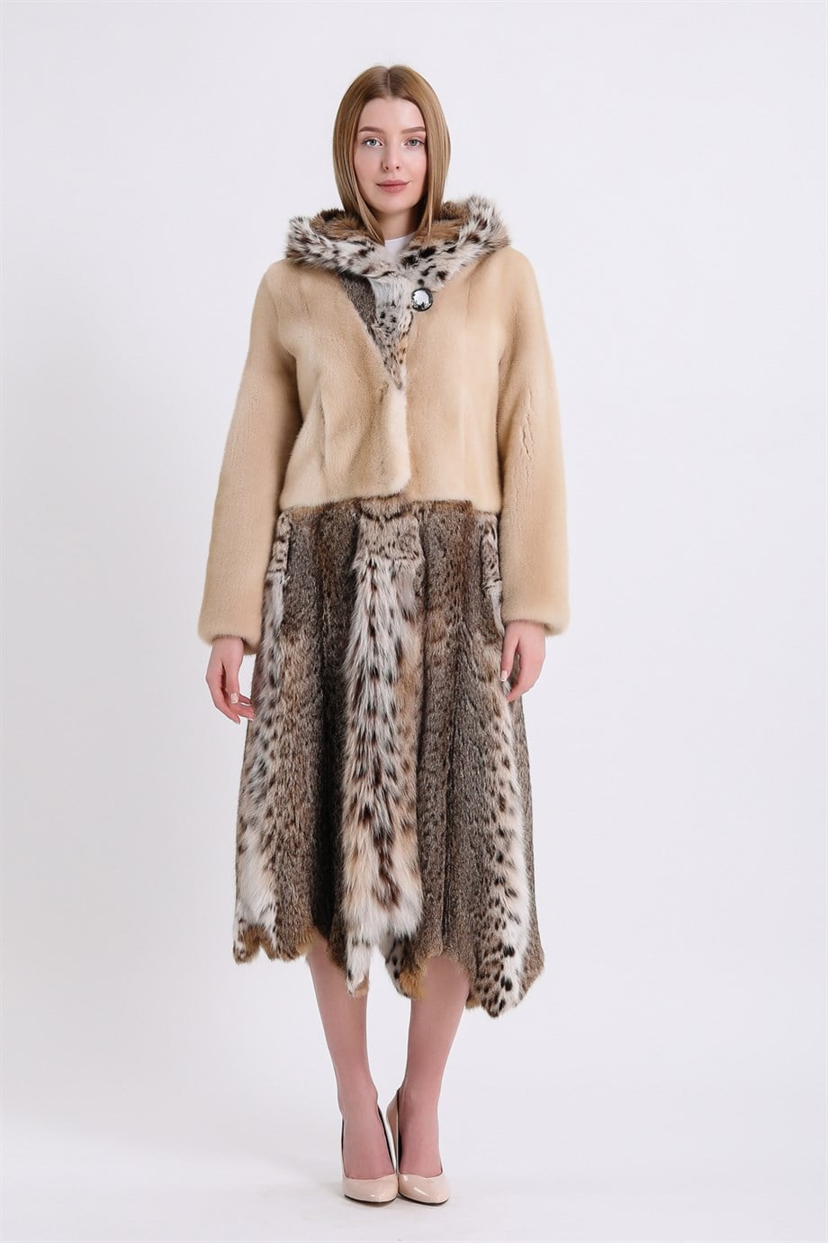 Manteau en vison naturel avec détails multi-vison et doublure de lynx, LC Leather Club