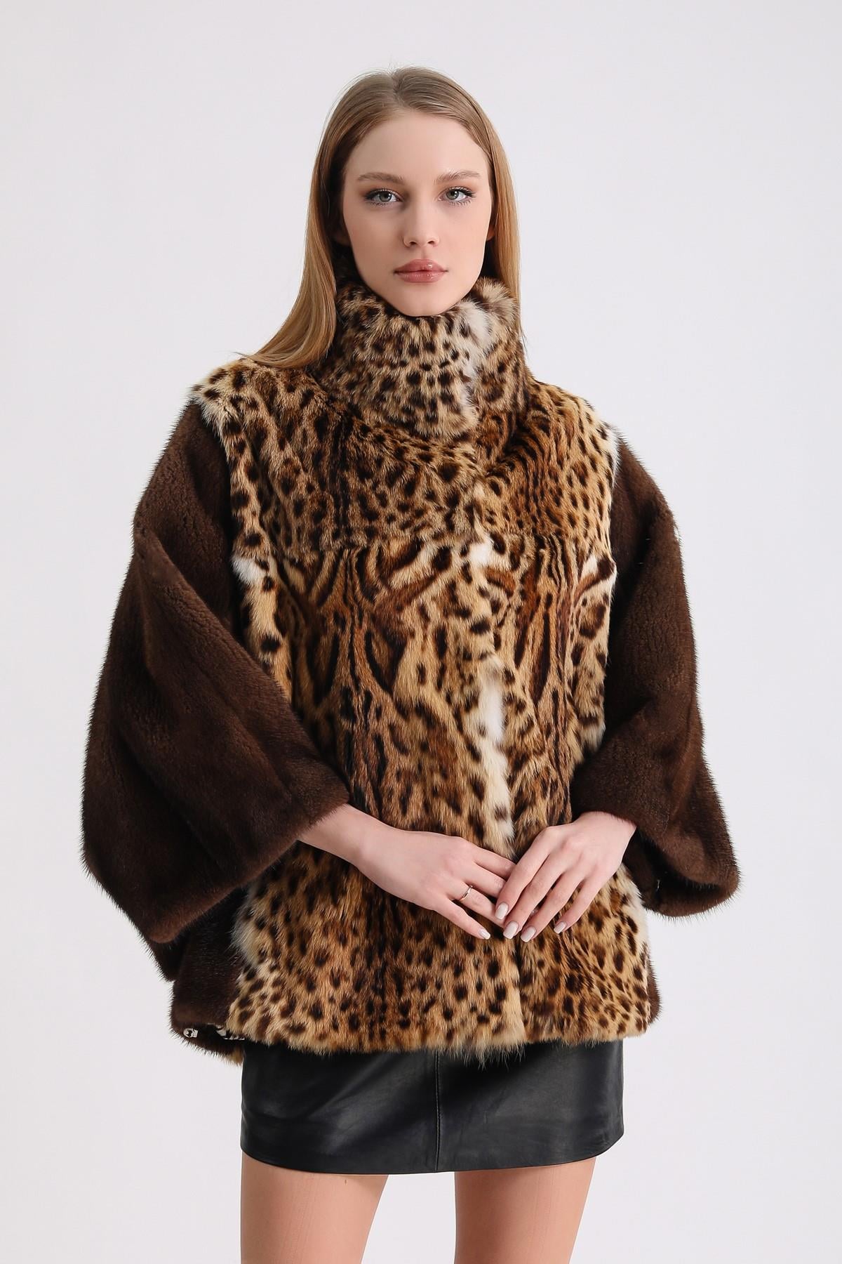 Naturel Vizon Garnili Leopar Kürk Kaban, LC Leather Club