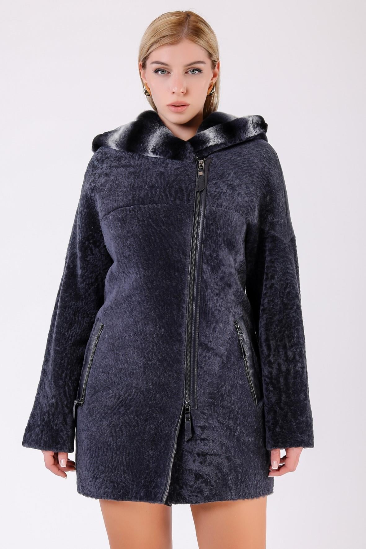 Ocean Blue Fur Coat with Rex Trim, LC Leather Club