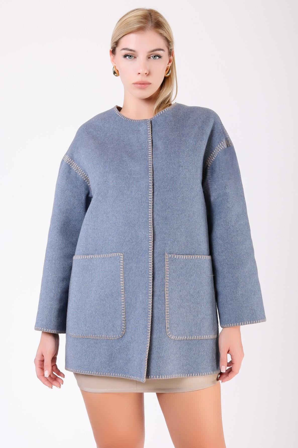 Manteau en alpaga et laine bleu océan avec détail châle, LC Leather Club