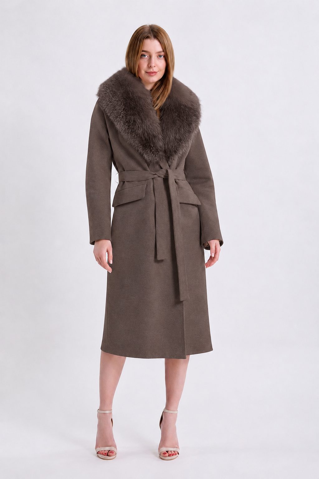 Brown Arjante cashmere coat with fox trim, LC Leather Club
