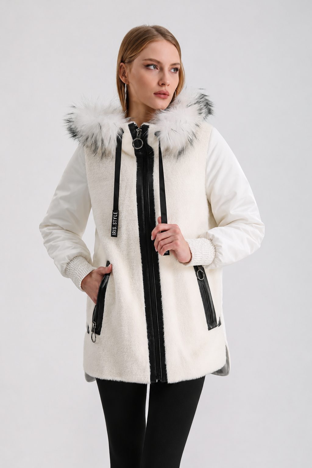 White Puffer Jacket with Leather Trim and Fox Fur Accessory, LC Leather Club