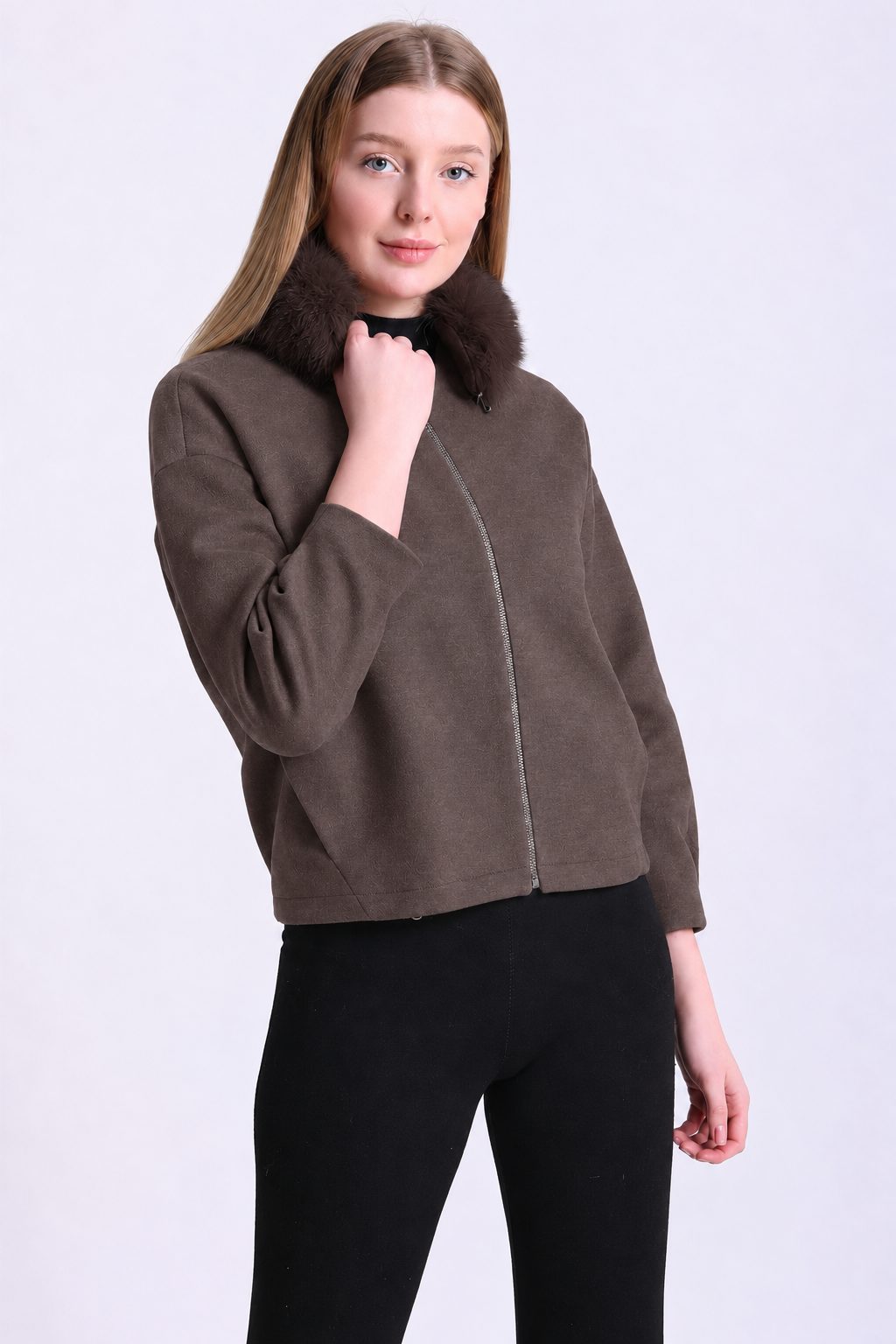 Brown Cashmere Jacket with Fox Fur Trim, LC Leather Club