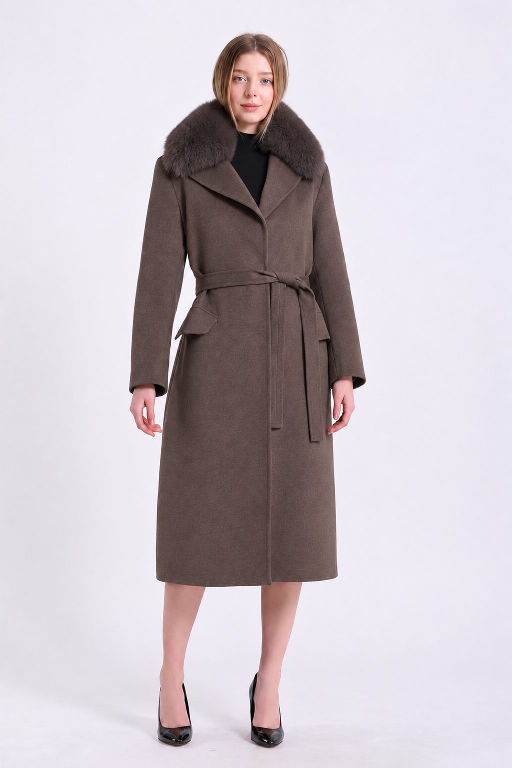 Brown Cashmere Coat with Fox Fur Trim, LC Leather Club