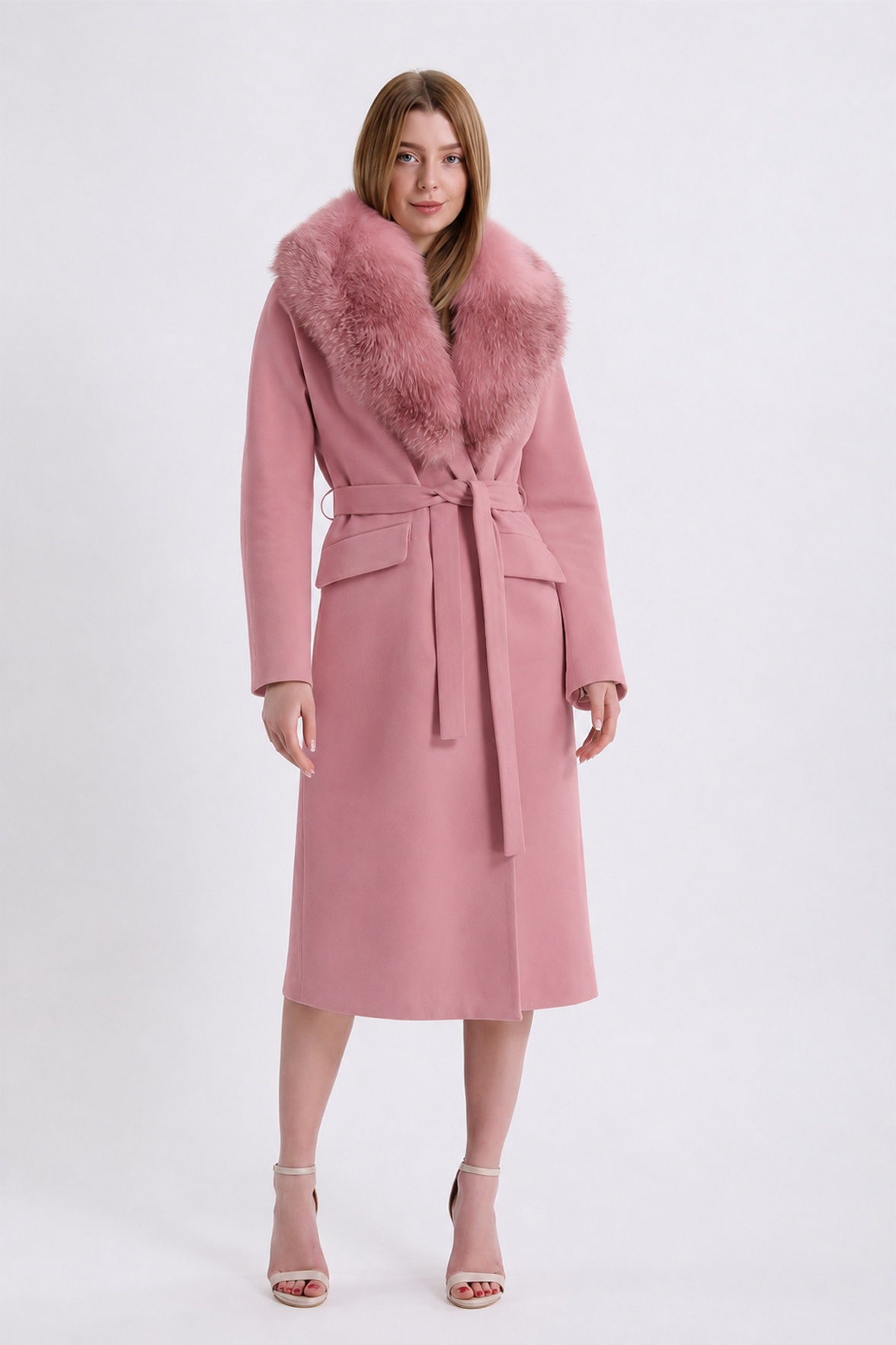 Manteau en cachemire Arjante rose avec fitures en renard, LC Leather Club
