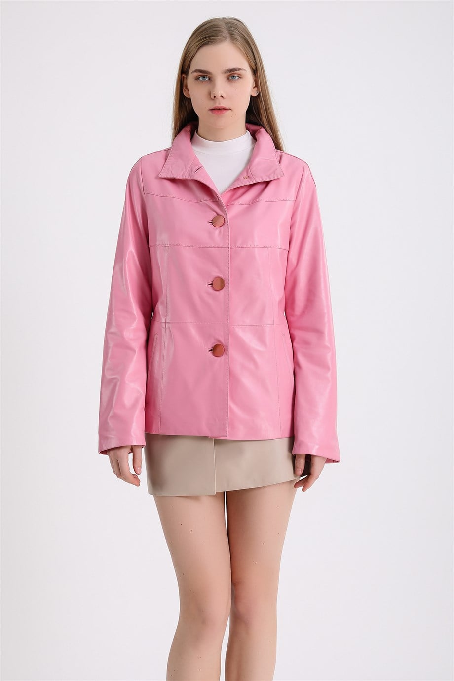 Veste en cuir rose boutonnée, LC Leather Club