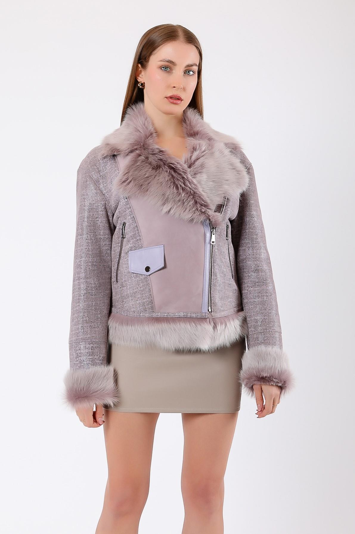 Pink Fur Coat with Genuine Leather Trim, LC Leather Club