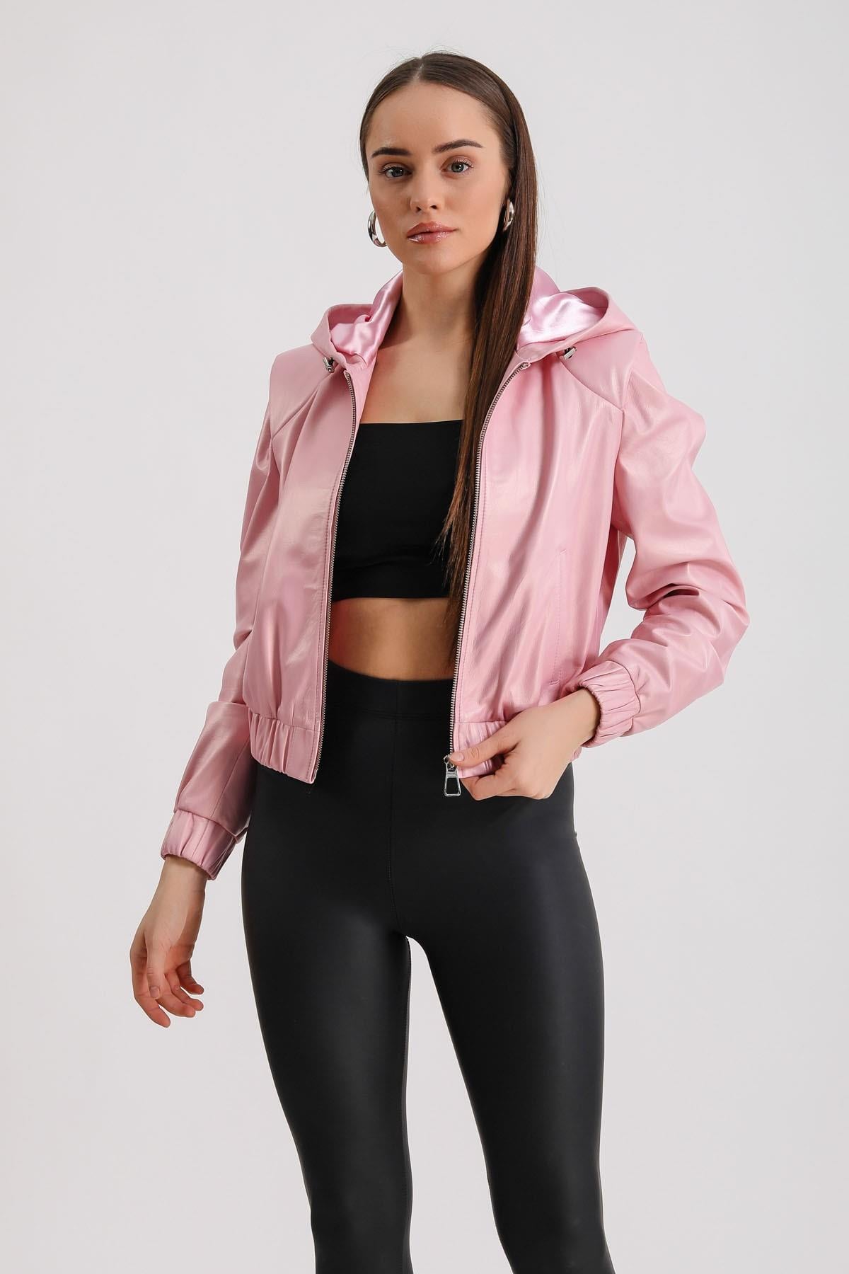 Manteau en cuir rose avec capuche, LC Leather Club