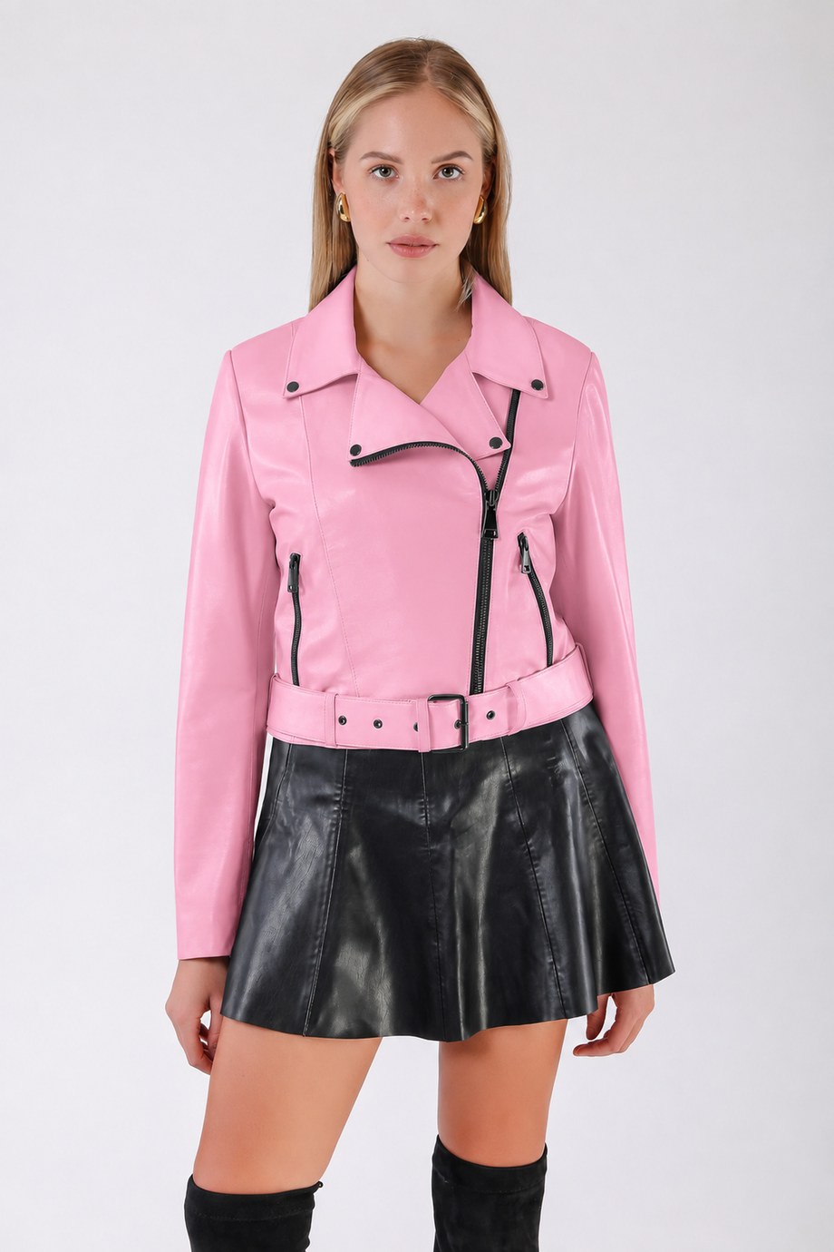 Pembe Kemerli Biker Deri Ceket, LC Leather Club