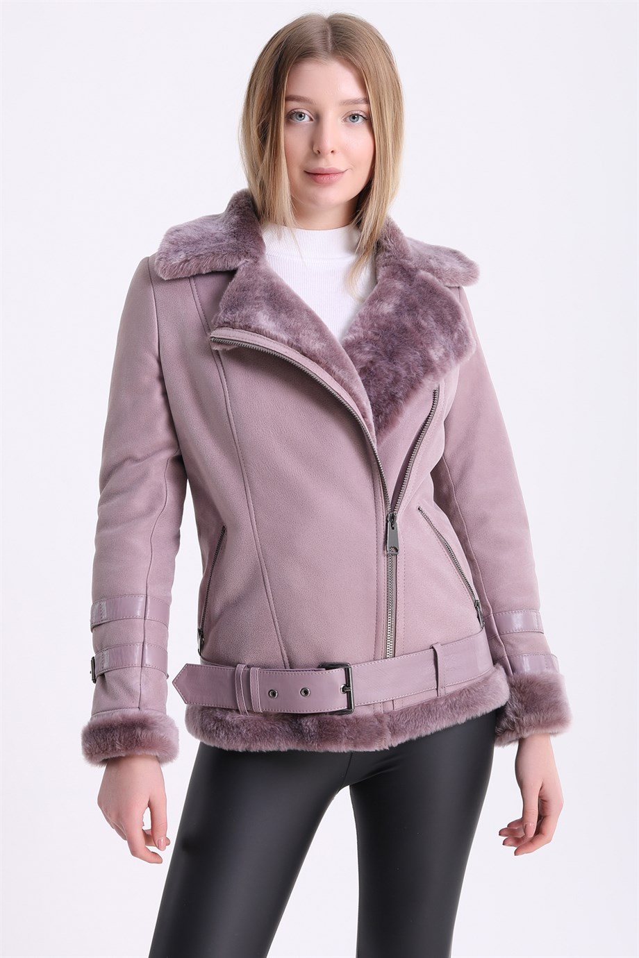 Veste en fourrure d'agneau rose croisée, LC Leather Club
