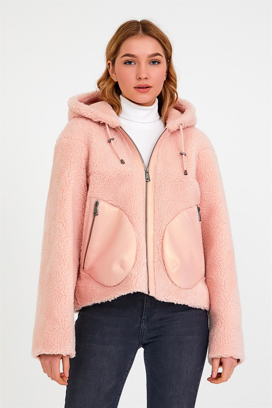 Doudoune rose avec garniture de peau d'agneau, LC Leather Club