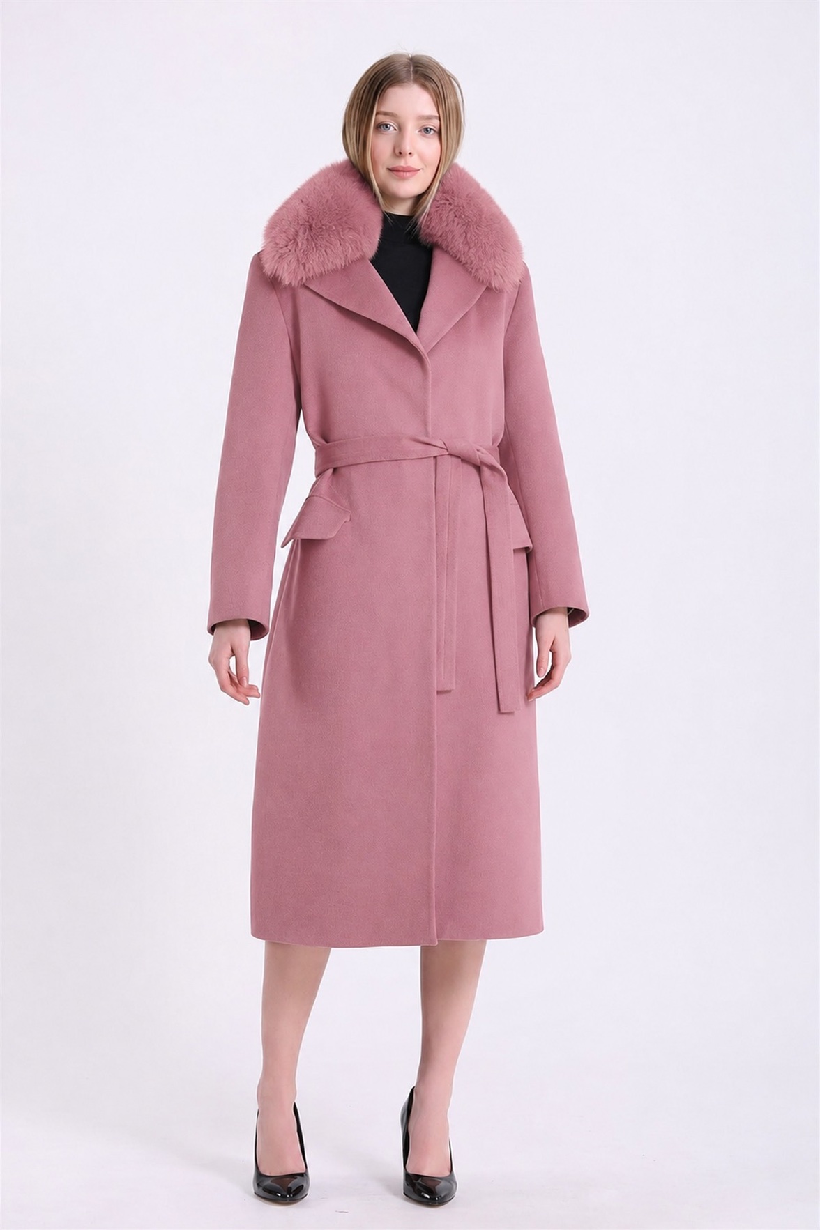 Manteau en cachemire rose avec finitions en fourrure de renard, LC Leather Club