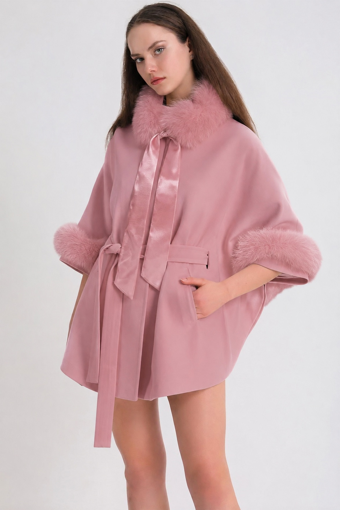 Roze kaschmieren jas met vosbont afwerking, LC Leather Club