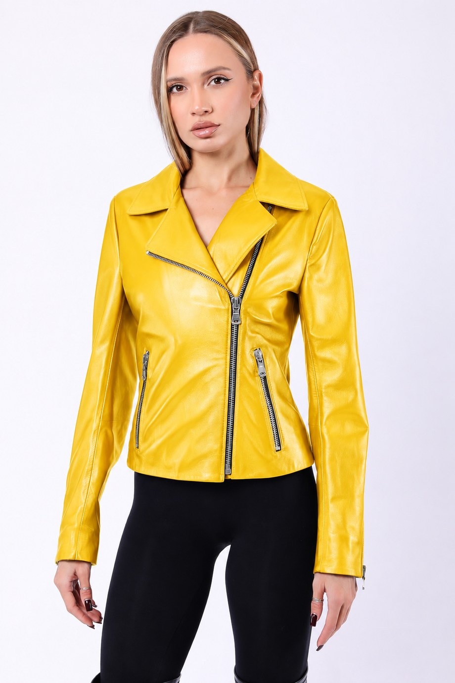 Sarı Asimetrik Fermuarlı Hakiki Deri Ceket, LC Leather Club