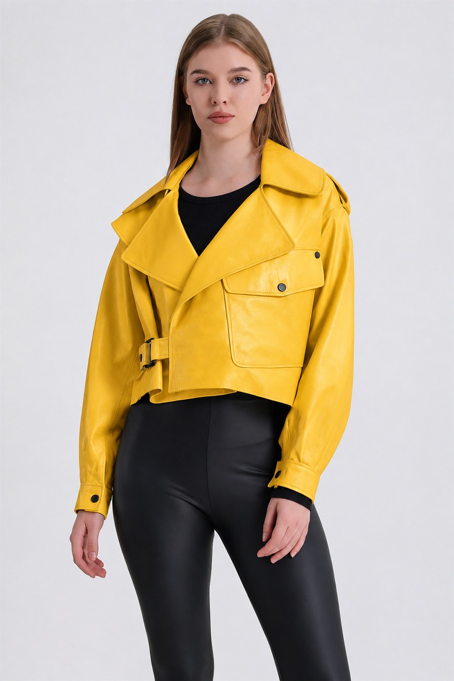 Sarı Crop Oversize Deri Ceket, LC Leather Club