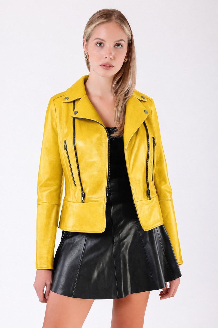 Sarı Fitted Kruvaze Deri Ceket, LC Leather Club