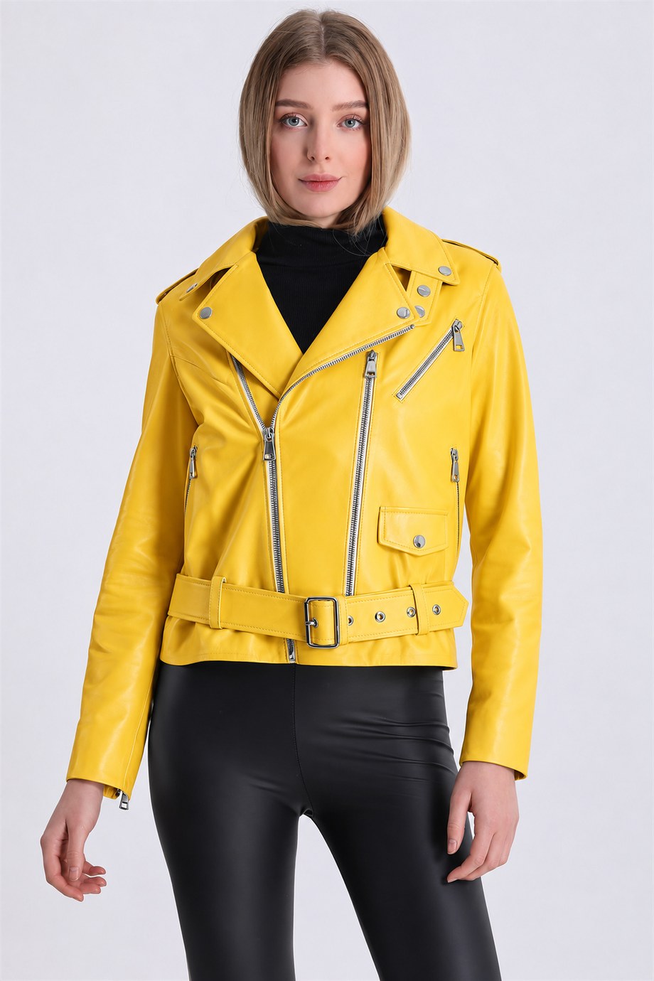 Sarı Klasik Biker Deri Ceket, LC Leather Club