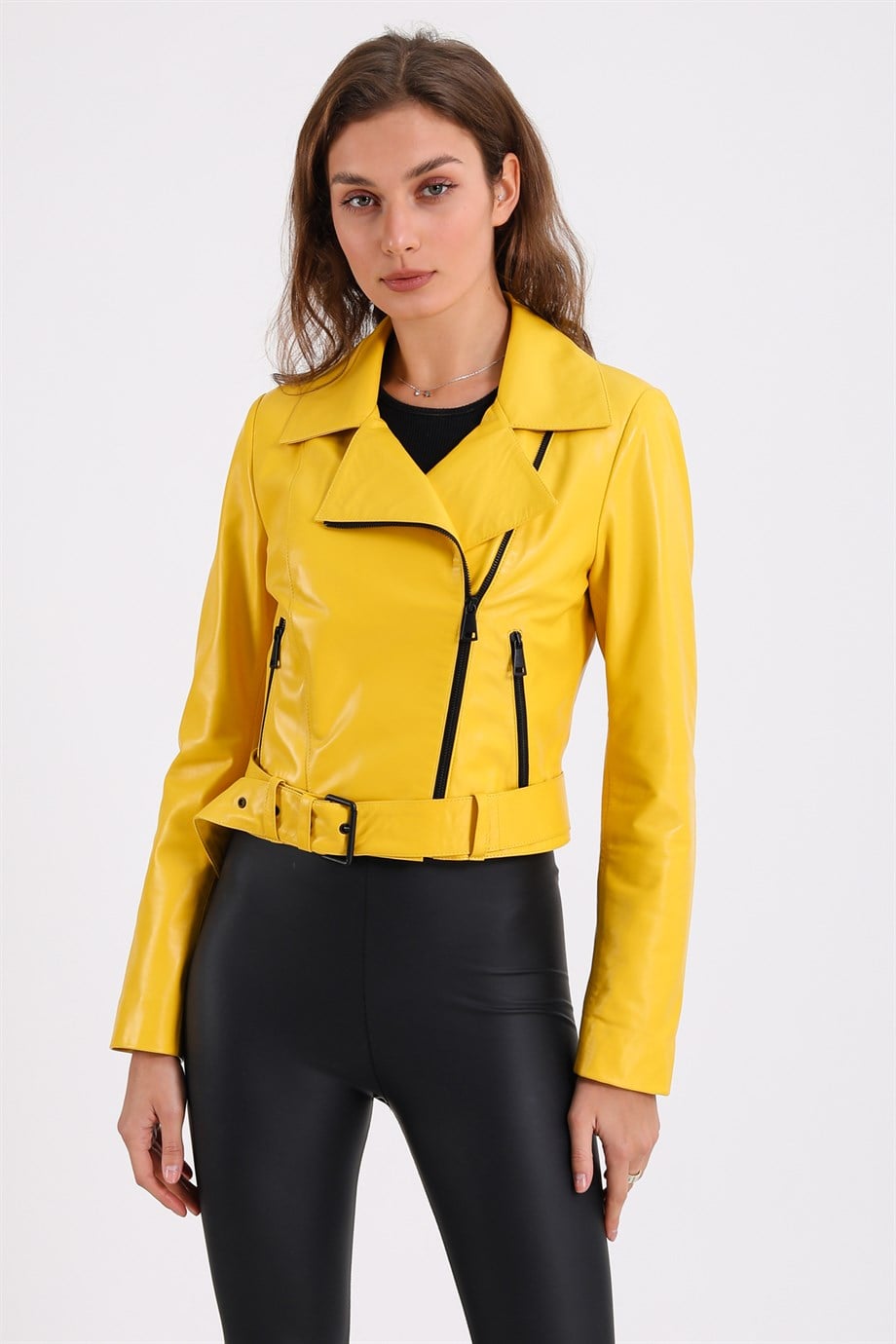 Veste biker en peau d'agneau jaune, LC Leather Club
