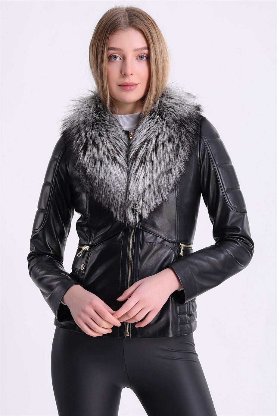 Veste en cuir d'agneau noir Arjante avec garniture en fourrure de renard, LC Leather Club