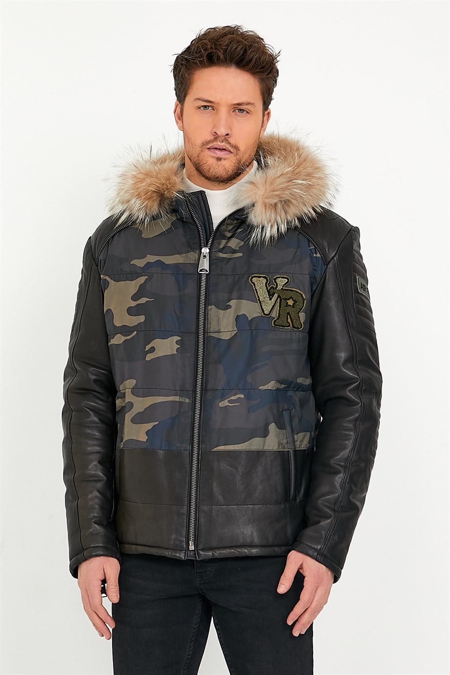 Schwarzer Military Airforce Ledermantel mit Argante Fuchspelztrim, LC Leather Club
