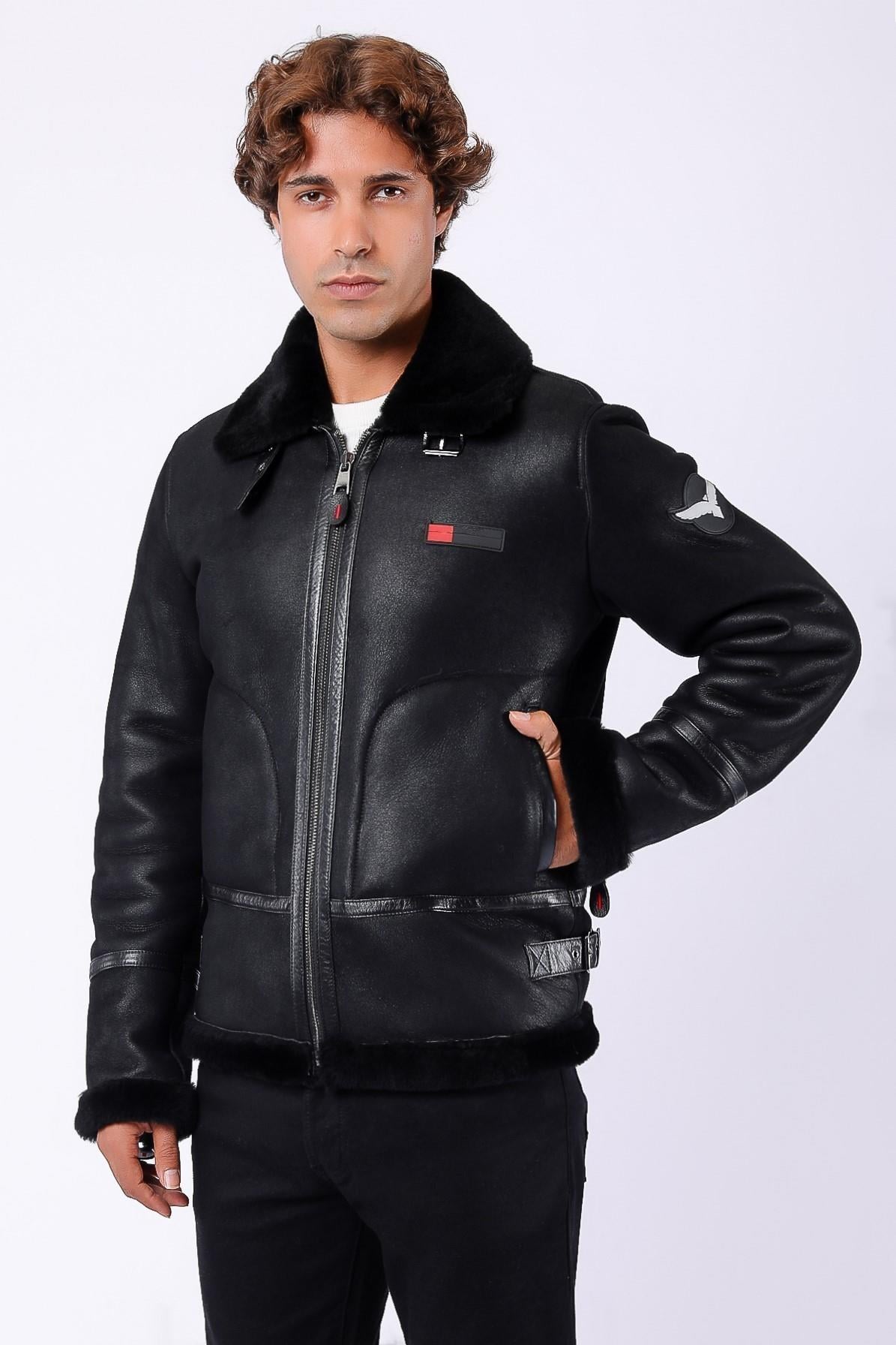 Manteau en cuir noir doublé fourrure aviateur, LC Leather Club