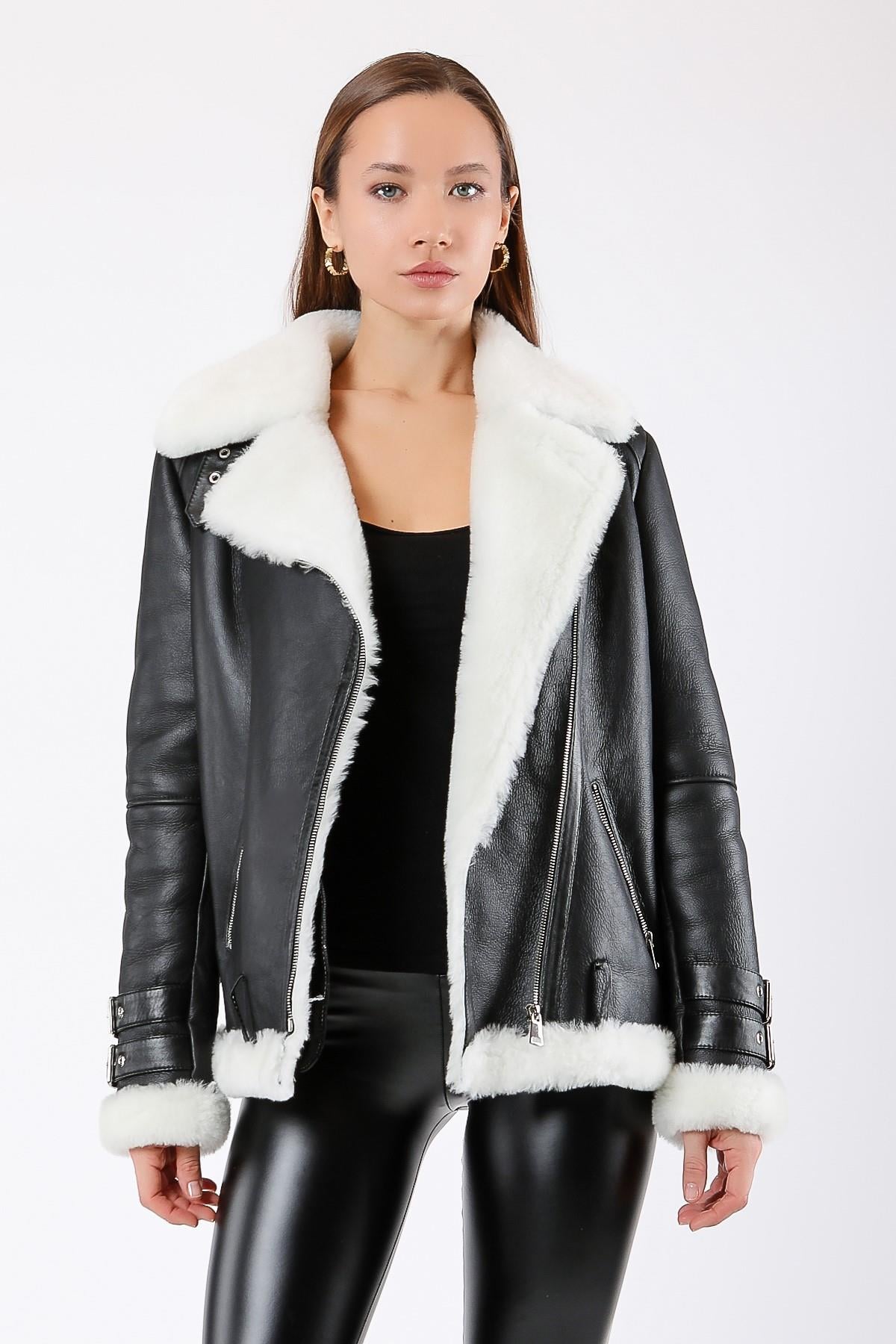 Manteau en cuir noir doublé de fourrure noir et blanc, LC Leather Club