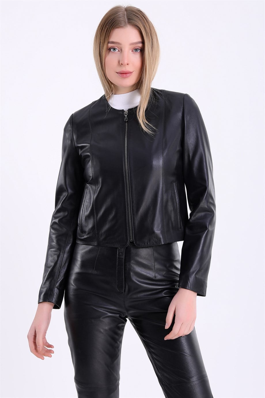 Veste en cuir noire col rond, LC Leather Club