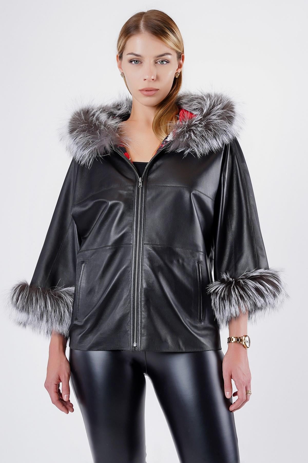 Zwarte lederen jas met dubbelsijdig bondetail, LC Leather Club