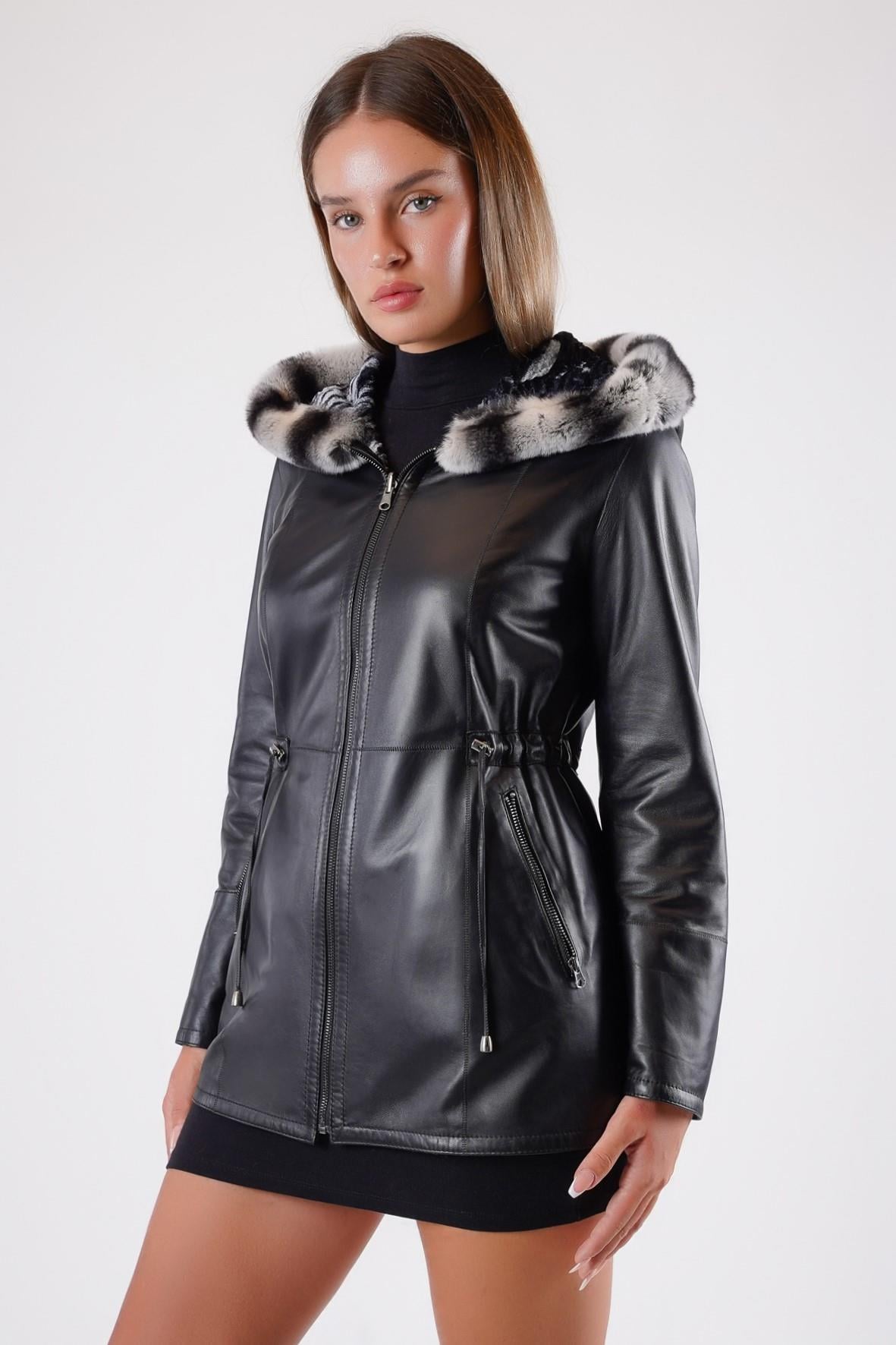 Veste en cuir noir réversible avec garniture fourrure Rex, LC Leather Club