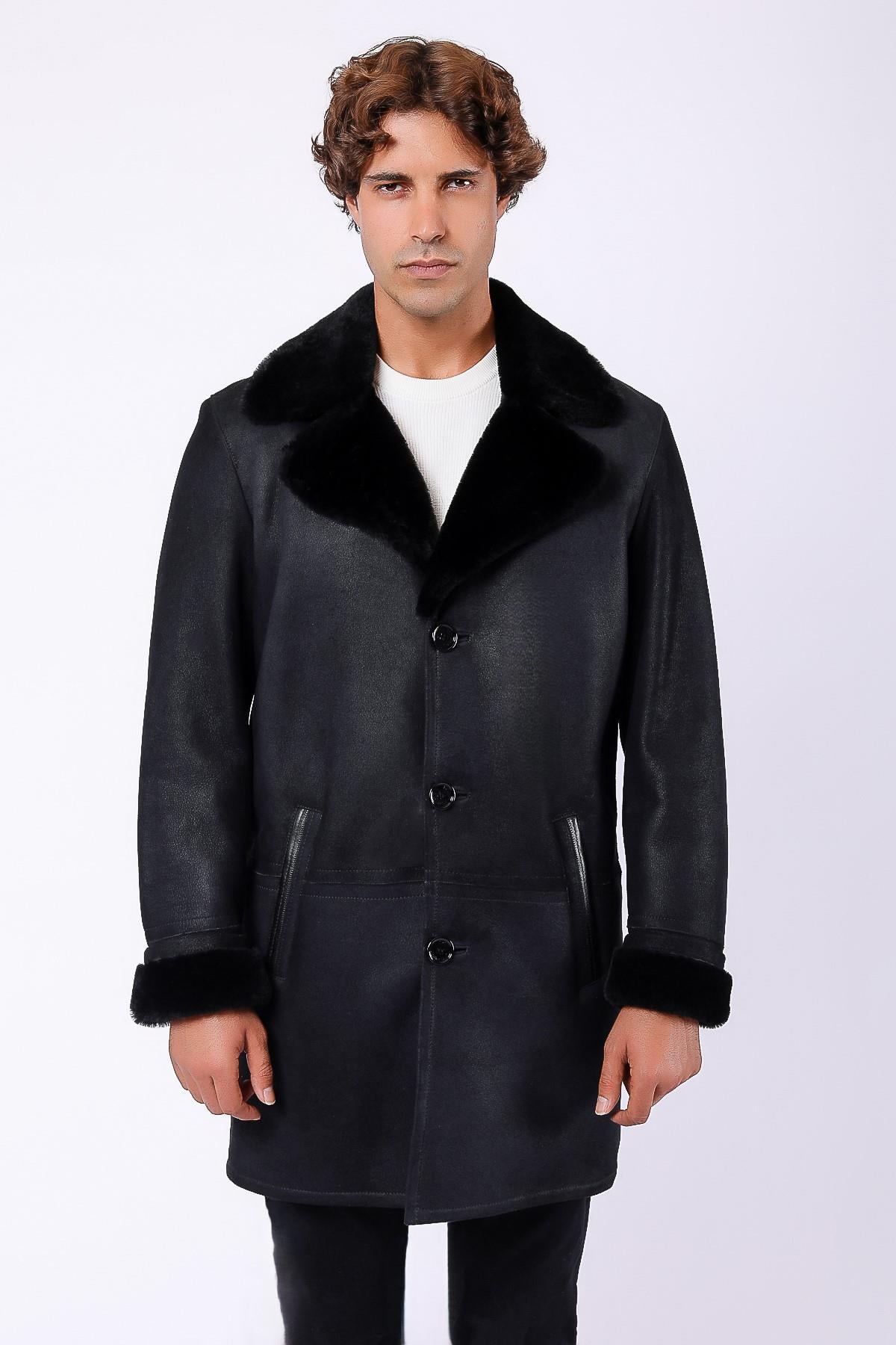 Manteau en cuir noir doublé fourrure crack, LC Leather Club