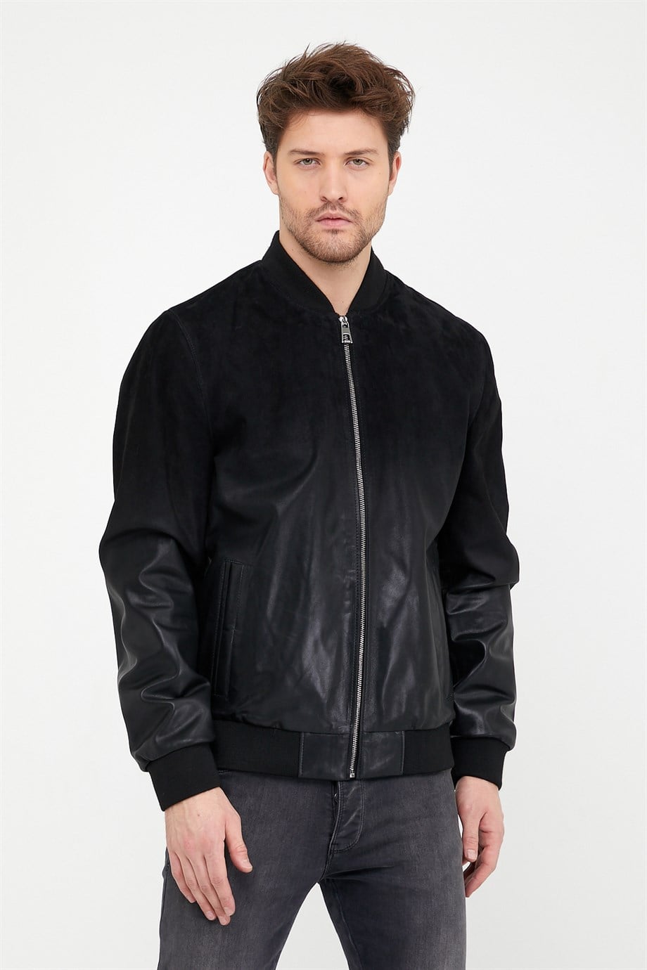 Veste en daim noir avec dégradé en cuir, LC Leather Club