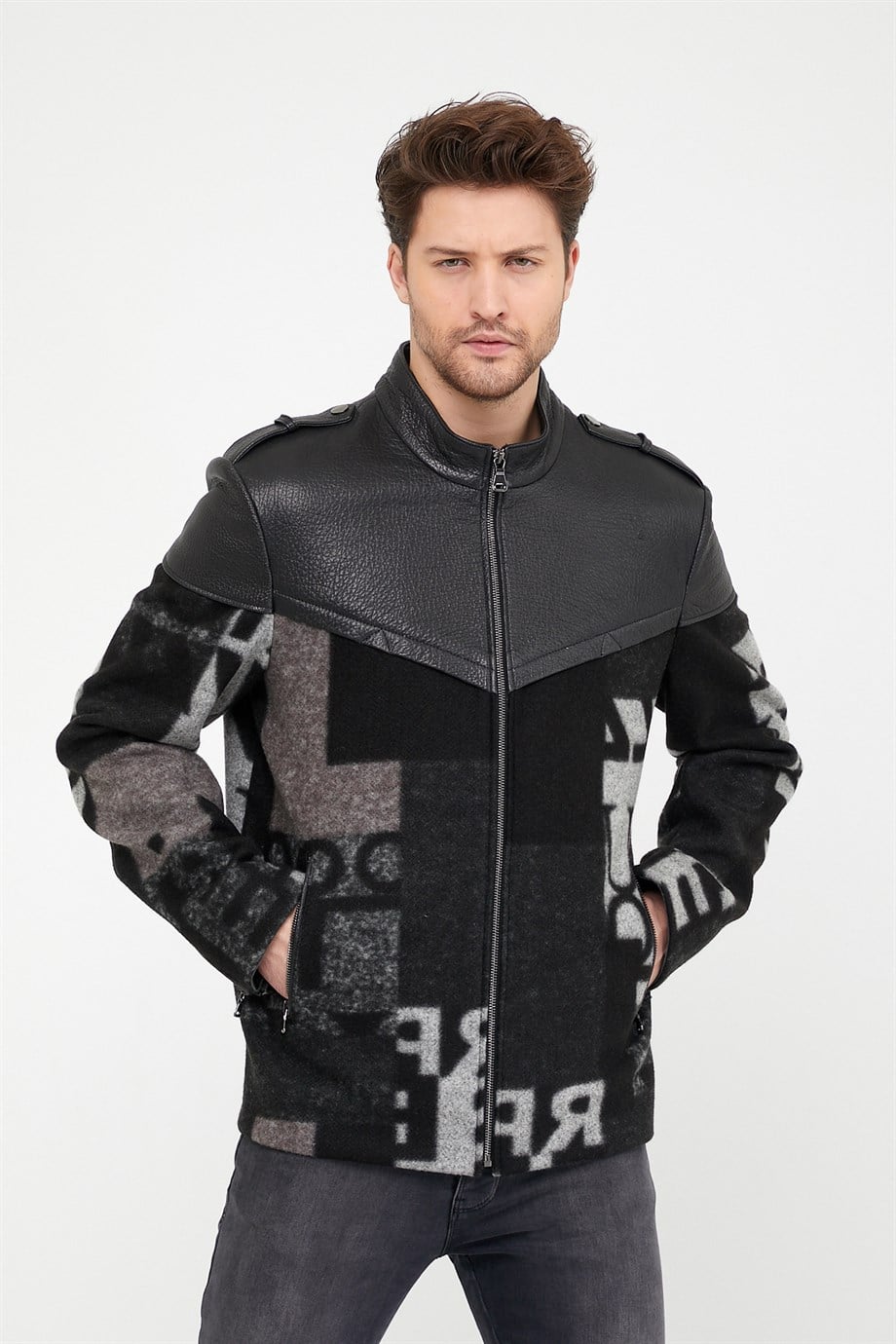 Veste en cachemire noir avec détail de cuir, LC Leather Club