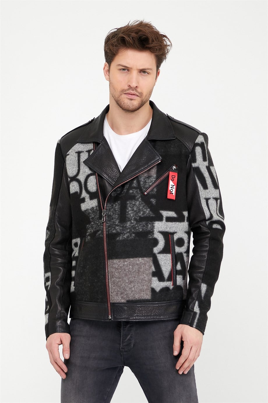 Veste en cachemire noir avec détail en cuir, LC Leather Club