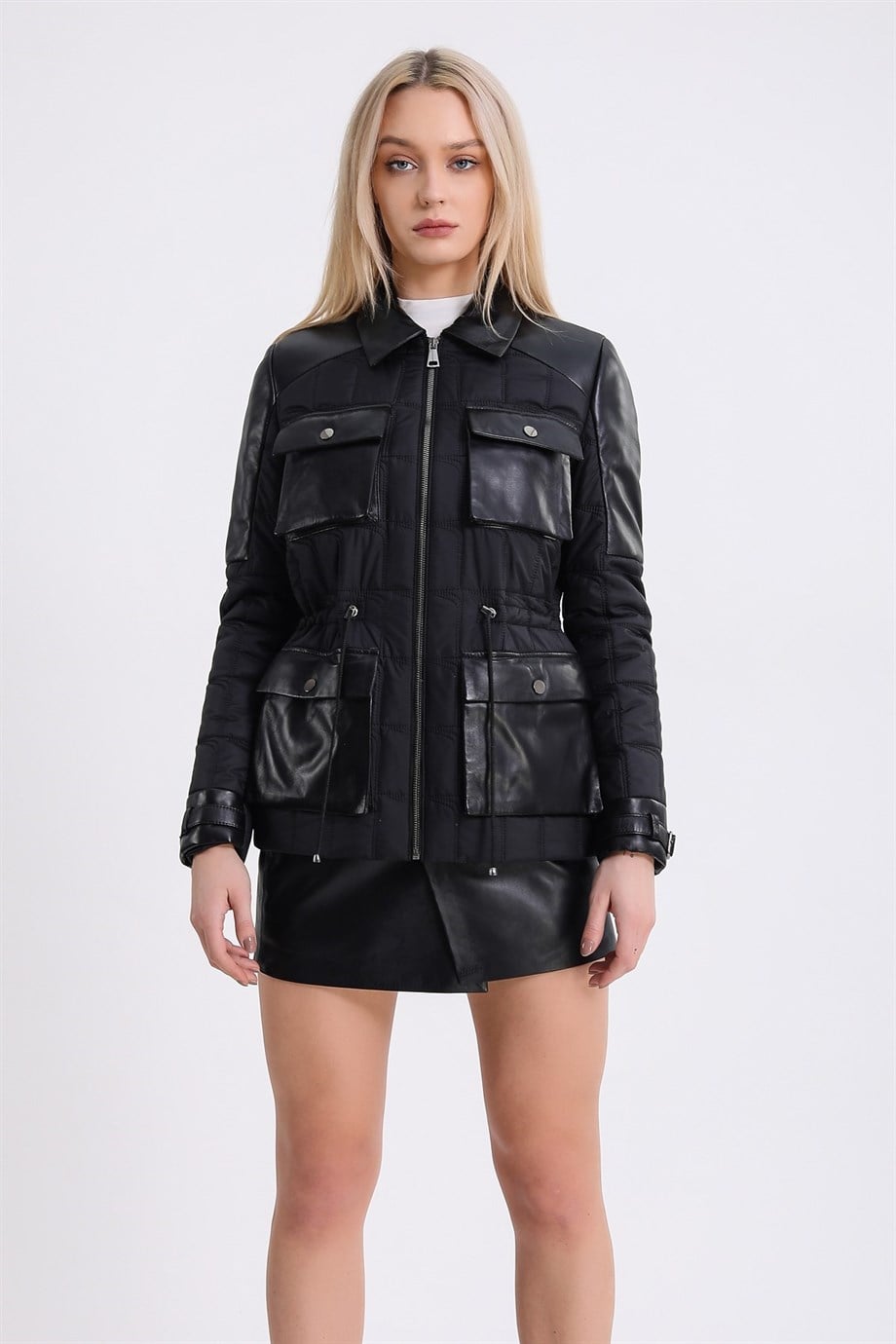 Veste scuba noire avec garniture en cuir, LC Leather Club