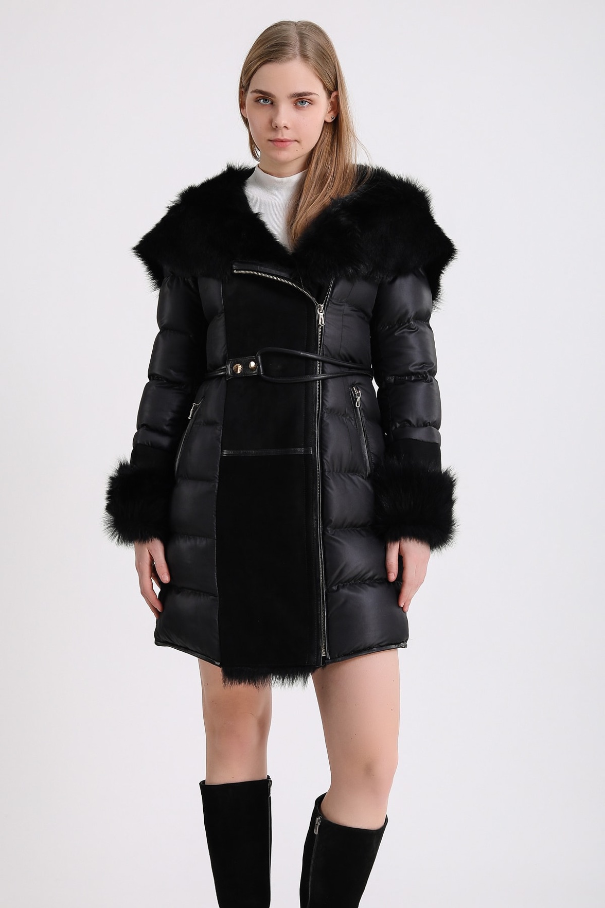 Płaszcz futrzany Toscana z wykończeniem z czarnej skóry, LC Leather Club