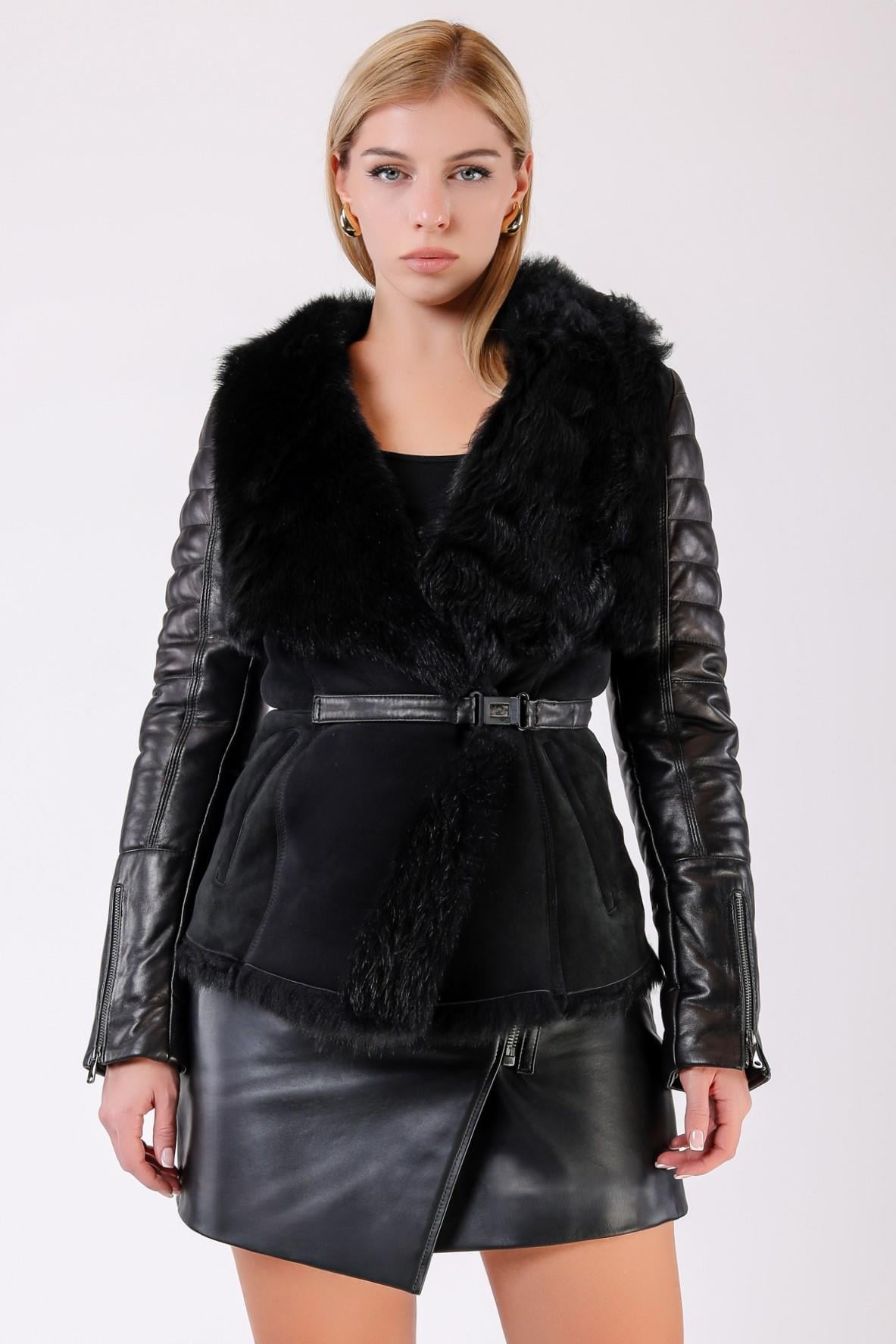 Schwarzer Pelzmantel mit Lederbesatz, LC Leather Club