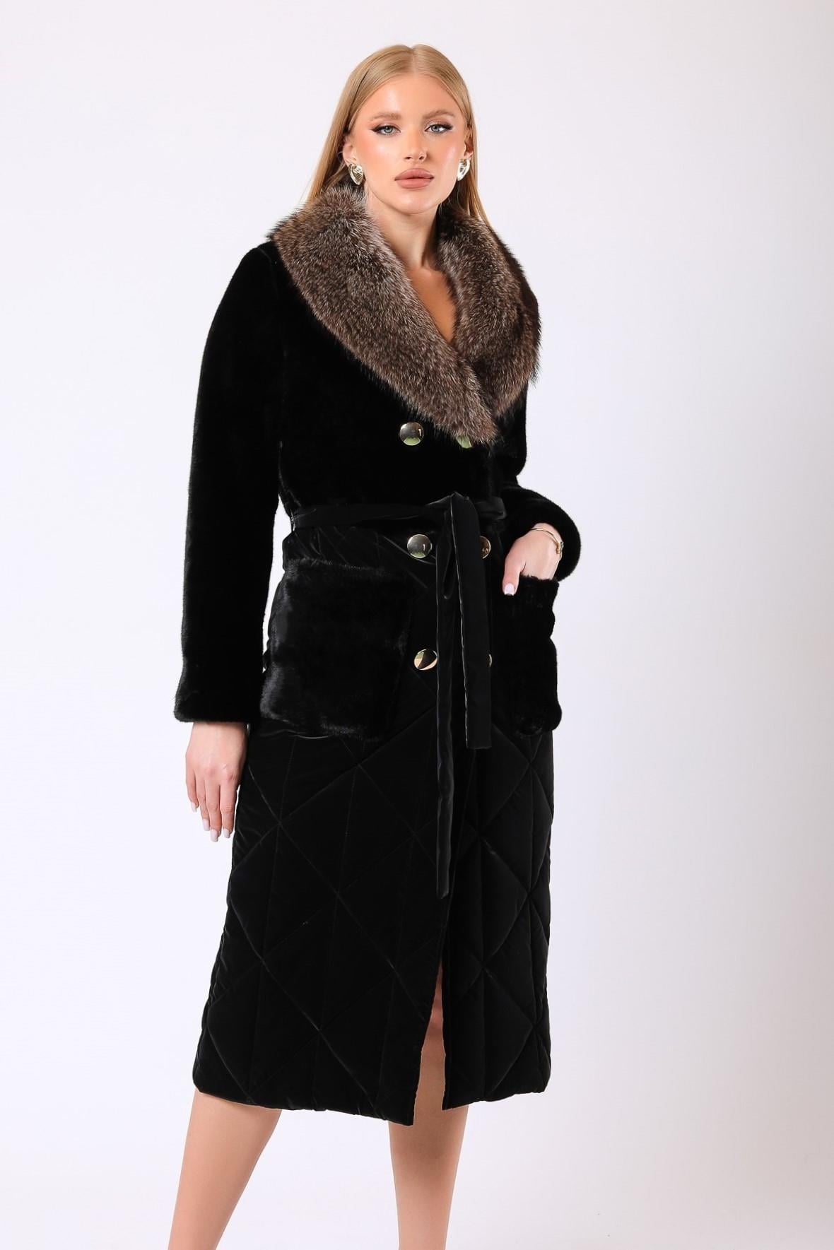 Manteau Diana en laine avec garniture de fourrure noir, LC Leather Club