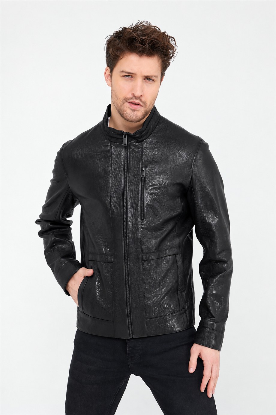 Siyah Dik Yaka Jumbo Deri Ceket, LC Leather Club