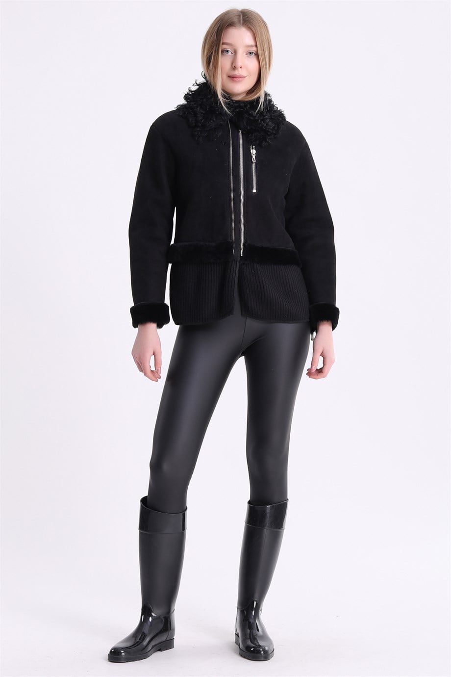 Zwarte Toscana bont jas met rokdetails, LC Leather Club