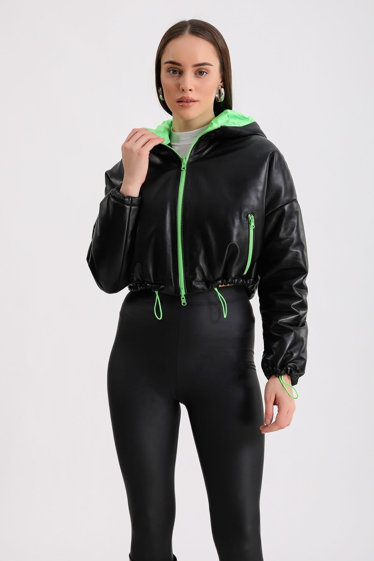 Veste en cuir noir style bomber avec détail pistache, LC Leather Club