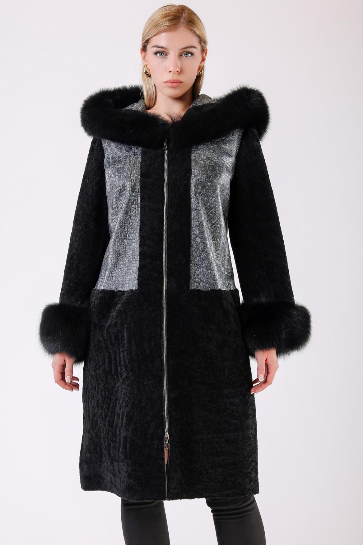 Black Fur Coat with Fox Fur, LC Leather Club