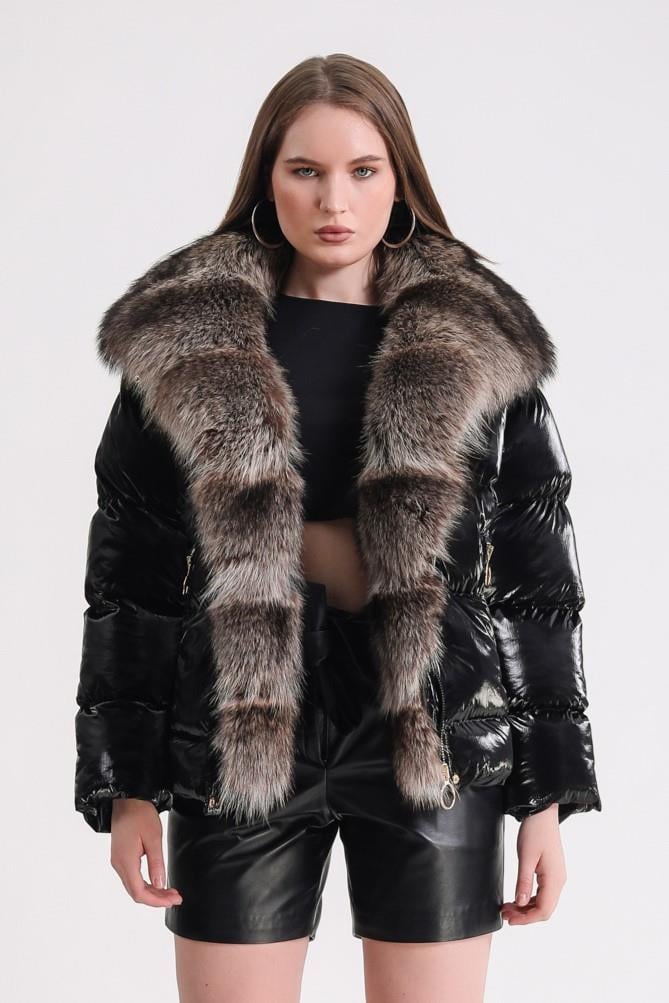 Manteau puffer noir avec détail fourrure de renard, LC Leather Club