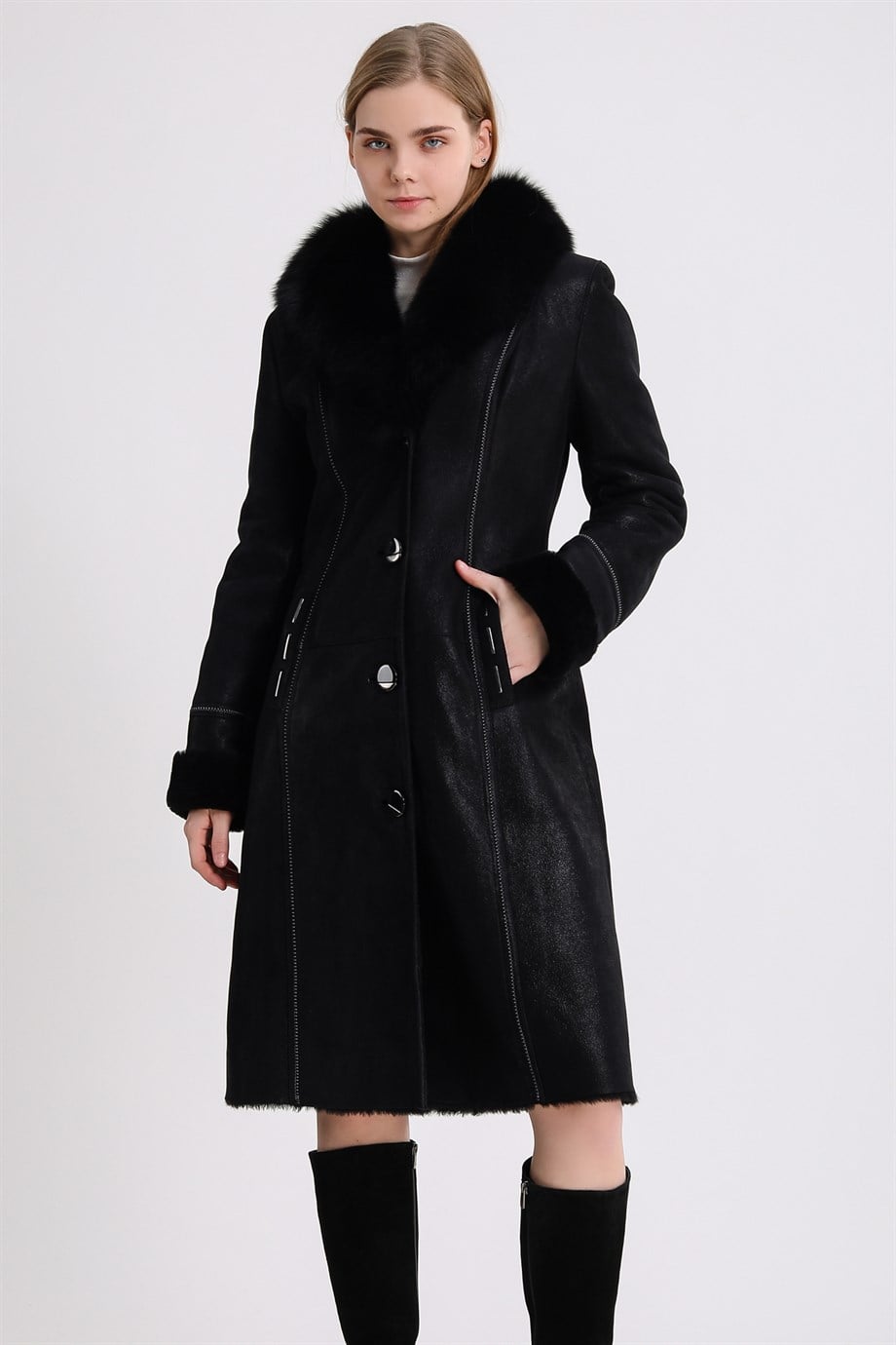 Zwarte silky bontmantel met vosbont afwerking, LC Leather Club